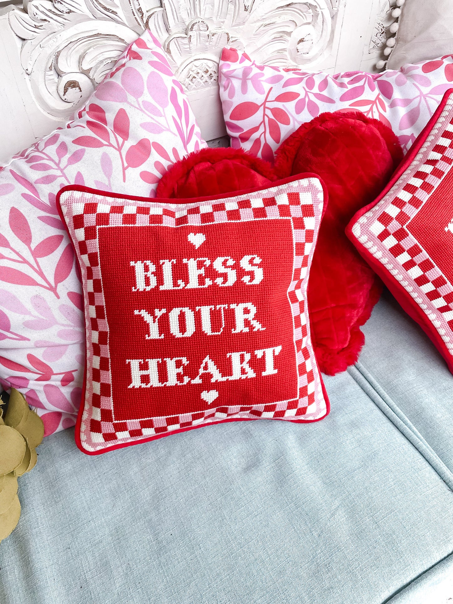Red and Pink Bless Your Heart Needlepoint Pillow