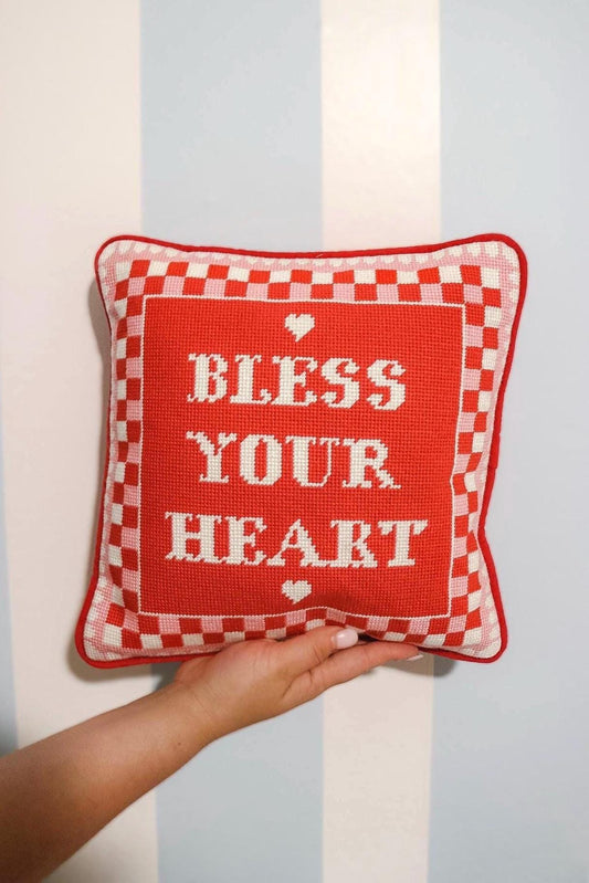 Red and Pink Bless Your Heart Needlepoint Pillow