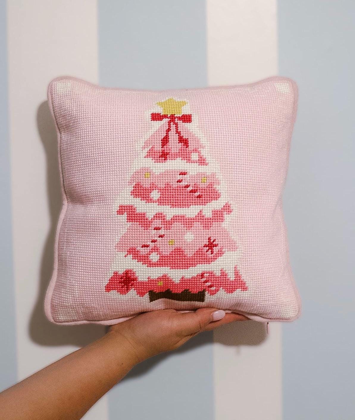 Pink Christmas Tree Needlepoint Pillow