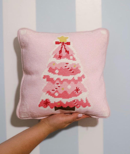 Pink Christmas Tree Needlepoint Pillow
