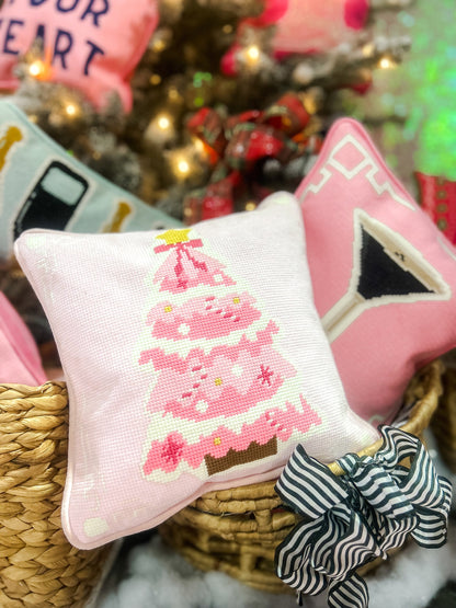 Pink Christmas Tree Needlepoint Pillow
