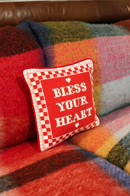 Red and Pink Bless Your Heart Needlepoint Pillow