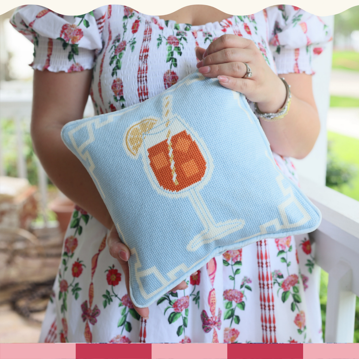 blue cocktail themed needlepoint aperol spritz pillow