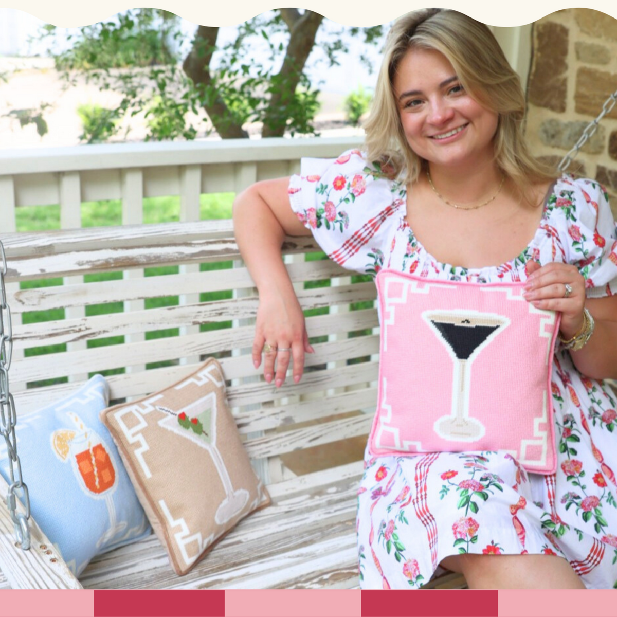 Photo showcasing a set of cocktail-themed decorative pillows. The left panel shows a woman in a floral dress holding a light blue pillow with a cocktail glass design.