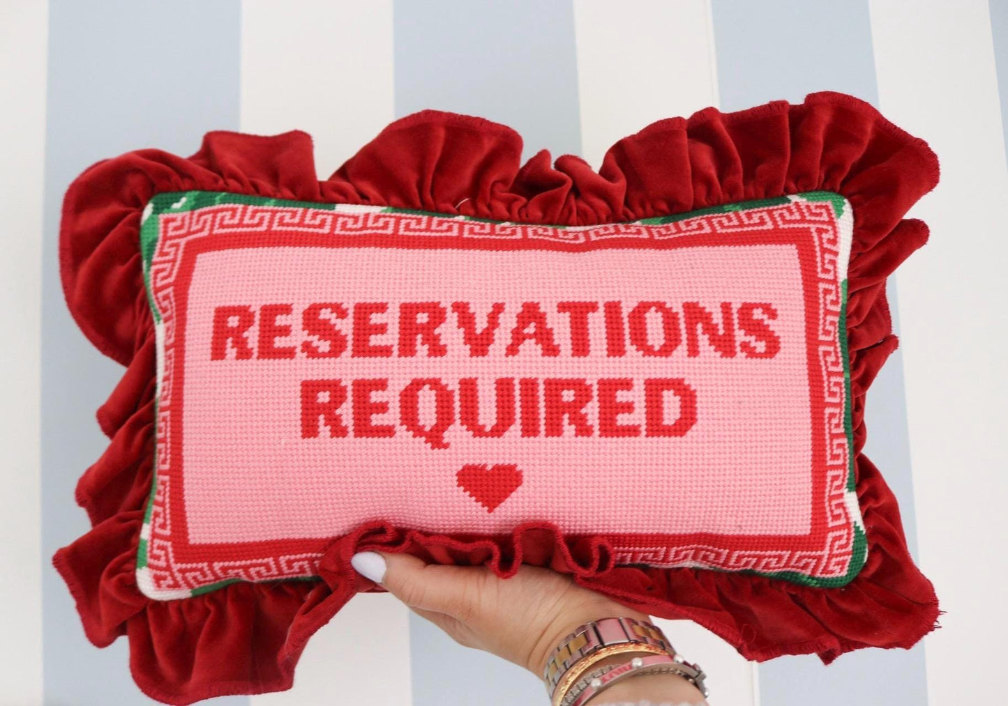 Reservations Required Pink Needlepoint Pillow