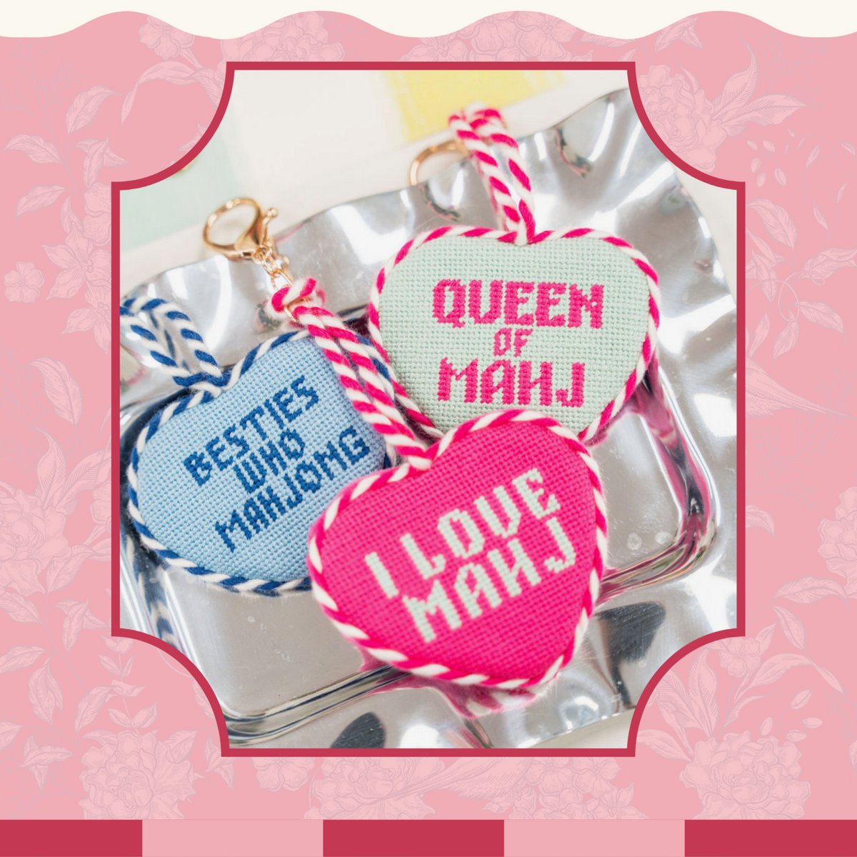 mahjong needlepoint bag charms from southern decorative that read "i love mahj", "queen of mahj", and "besties who mahjong"