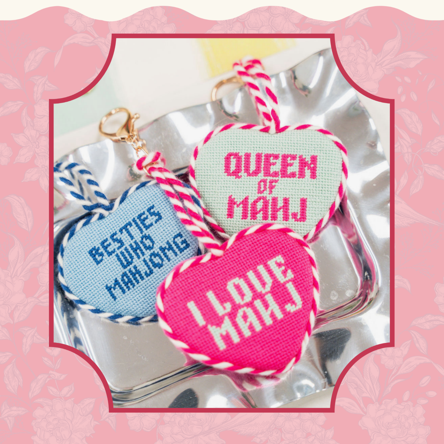 mahjong needlepoint bag charms from southern decorative that read "i love mahj", "queen of mahj", and "besties who mahjong"