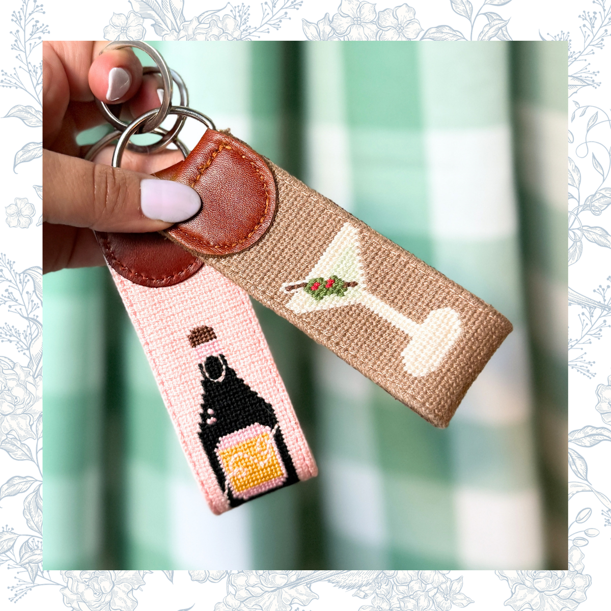 Needlepoint cocktail keychains and bag charms
